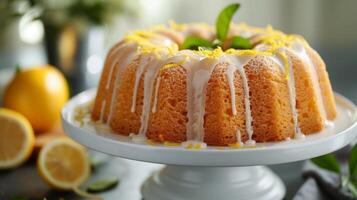 AI generated A delicate lemon chiffon cake, light and airy, with a lemon glaze and zest garnish. photo