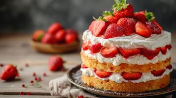 ai generado un mullido fresa torta de frutas, capas de esponja pastel, Fresco fresas, y azotado crema. foto