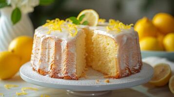 AI generated A delicate lemon chiffon cake, light and airy, with a lemon glaze and zest garnish. photo