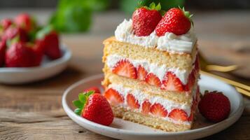 ai generado un mullido fresa torta de frutas, capas de esponja pastel, Fresco fresas, y azotado crema. foto