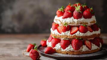 ai generado un mullido fresa torta de frutas, capas de esponja pastel, Fresco fresas, y azotado crema. foto