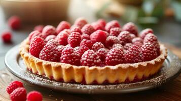 ai generado un encantador frambuesa almendra tarta presentando dulce frambuesas encima un frangipane relleno. foto