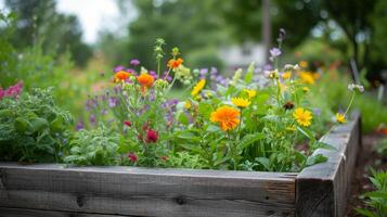 AI generated A raised garden bed with pollinator-friendly plants, attracting bees, butterflies, and birds photo