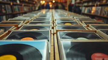 ai generado un grabar Tienda lleno con vinilo registros, celebrando el nostalgia de término análogo música. foto