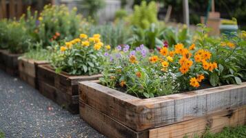 ai generado un elevado jardín cama con amigable con los polinizadores plantas, atrayendo abejas, mariposas, y aves foto