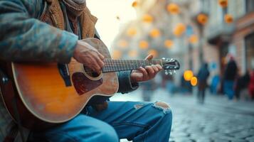 ai generado un calle músico jugando un conmovedor melodía, conectando con transeúntes mediante el magia de música. foto