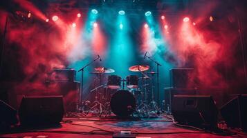 AI generated A rock concert's stage setup, featuring electric guitars and drums, embodying high-energy performances. photo