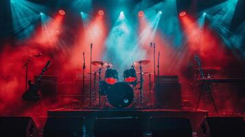 AI generated A rock concert's stage setup, featuring electric guitars and drums, embodying high-energy performances. photo