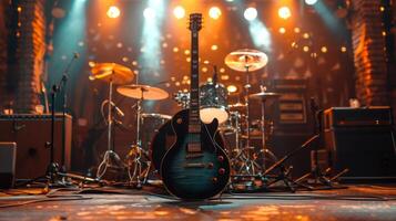 AI generated A rock concert's stage setup, featuring electric guitars and drums, embodying high-energy performances. photo