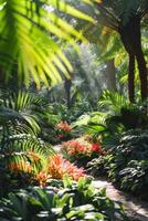 ai generado un tropical jardín con exótico plantas me gusta palma árboles, helechos, y vibrante, lozano follaje. foto