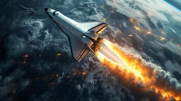 AI generated A space shuttle reentering Earth's atmosphere, trailing behind a fiery tail of heat and gas. photo