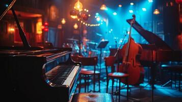 AI generated A vibrant jazz club with smoky ambiance, showcasing the allure of live improvisation. large copyspace area, offcenter composition. photo