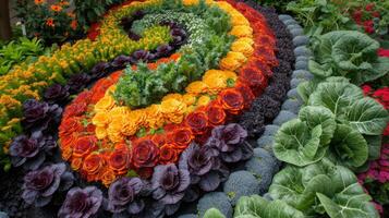 ai generado un temática vegetal jardín, con vegetales arreglado en patrones o colores para visual apelación foto
