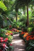 AI generated A tropical garden with exotic plants like palm trees, ferns, and vibrant, lush foliage. photo