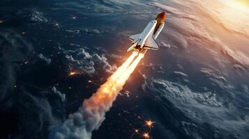 AI generated A space shuttle reentering Earth's atmosphere, trailing behind a fiery tail of heat and gas. photo