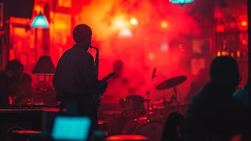 ai generado un vibrante jazz club con ahumado ambiente, exhibiendo el seducir de En Vivo improvisación. grande copyspace área, descentrado composición. foto