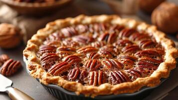 AI generated A warm, gooey pecan pie, a Southern classic, featuring a sweet, nutty filling. photo