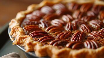 AI generated A warm, gooey pecan pie, a Southern classic, featuring a sweet, nutty filling. photo