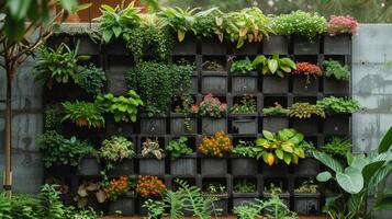 AI generated A vertical garden wall, using pockets or shelves to maximize greenery in small spaces. photo