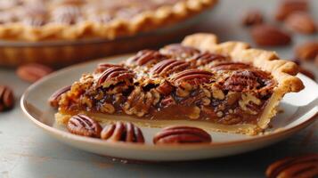 AI generated A warm, gooey pecan pie, a Southern classic, featuring a sweet, nutty filling. photo