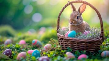 AI generated An Easter basket filled with colorful eggs and fluffy bunnies, a delightful springtime tableau. photo