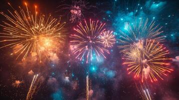 AI generated An explosion of colorful fireworks against a dark sky, marking a spectacular birthday finale. photo