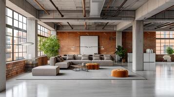 AI generated Minimalist interior of a spacious, open-concept loft, featuring industrial concrete and exposed beams. photo