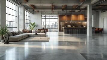 AI generated Minimalist interior of a spacious, open-concept loft, featuring industrial concrete and exposed beams. photo