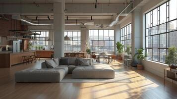 AI generated Minimalist interior of a spacious, open-concept loft, featuring industrial concrete and exposed beams. photo
