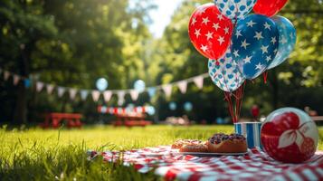 ai generado rojo, blanco, y azul picnic decoraciones, globos, y banderas, celebrando patriótico al aire libre reuniones. foto