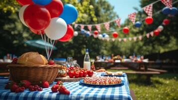 ai generado rojo, blanco, y azul picnic decoraciones, globos, y banderas, celebrando patriótico al aire libre reuniones. foto