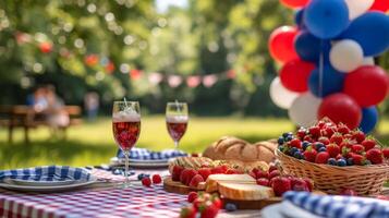 AI generated Red, white, and blue picnic decorations, balloons, and flags, celebrating patriotic outdoor gatherings. photo