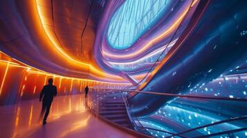AI generated Curved, metallic structures with dynamic lighting, creating an otherworldly architectural ambiance. photo