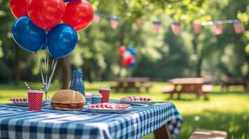 AI generated Red, white, and blue picnic decorations, balloons, and flags, celebrating patriotic outdoor gatherings. photo