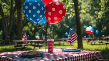 AI generated Red, white, and blue picnic decorations, balloons, and flags, celebrating patriotic outdoor gatherings. photo