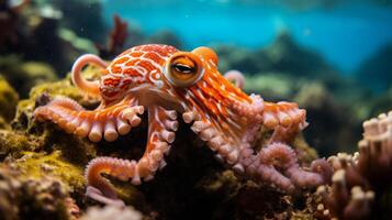 ai generado un curioso pulpo mostrando sus increíble camuflaje habilidades, mezcla dentro sus vibrante coral hogar foto