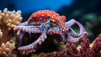 AI generated A curious octopus displaying its incredible camouflage skills, blending into its vibrant coral home photo