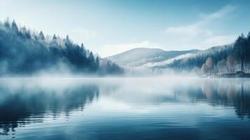 AI generated A dreamy mist rising from a serene lake, creating an ethereal and mystical atmosphere. photo