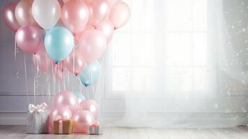 AI generated A festive spring backdrop adorned with cascading pastel balloons and shimmering streamers. photo