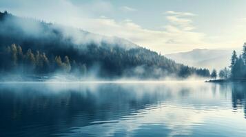 AI generated A dreamy mist rising from a serene lake, creating an ethereal and mystical atmosphere. photo