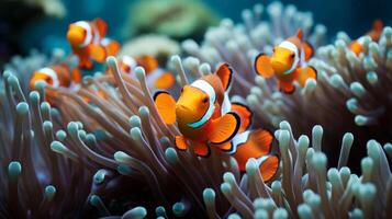 AI generated A kaleidoscope of clownfish darting among the swaying anemone, forming a picturesque symbiosis. photo