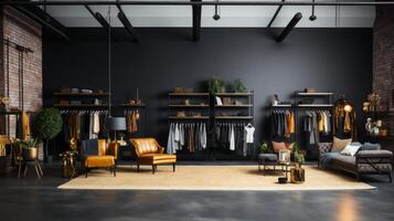 AI generated A lavish fashion studio with minimalist black-and-gold accents and soft, natural lighting. photo