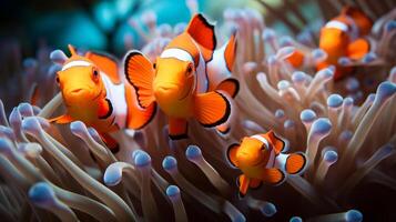 AI generated A kaleidoscope of clownfish darting among the swaying anemone, forming a picturesque symbiosis. photo