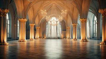 AI generated A luxurious fashion event venue featuring grand archways and soft, ethereal lighting. photo