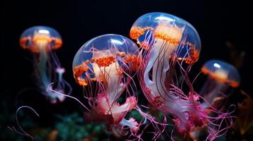 ai generado un fascinante Medusa floración, su translúcido cuerpos brillante etéreo en el del océano oscuridad foto