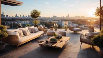 AI generated A luxurious penthouse terrace with panoramic city views and designer outdoor furniture photo