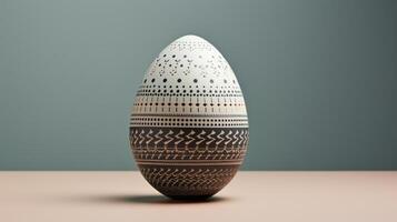 AI generated A minimalist Easter egg with intricate geometric patterns in muted tones, resting on a soft gray surface. photo