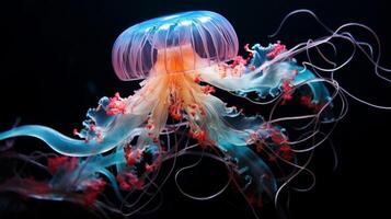 AI generated A mesmerizing jellyfish bloom, their translucent bodies glowing ethereally in the ocean's darkness photo