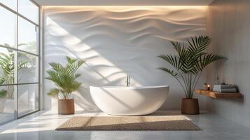 AI generated A minimalist bathroom with a gypsum backsplash adorned with subtle, organic swirls and curves. photo