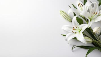 AI generated A minimalist Easter scene featuring a lone, graceful lily on a pristine white backdrop. photo